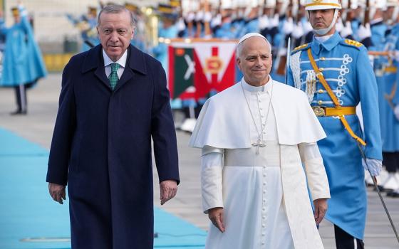 Pope Leo XIV is welcomed to the presidential palace in Ankara, Turkey, by Turkish President Recep Tayyip Erdogan Nov. 27, 2025, the first stop on Pope Leo's first foreign papal trip. (CNS/Lola Gomez)
