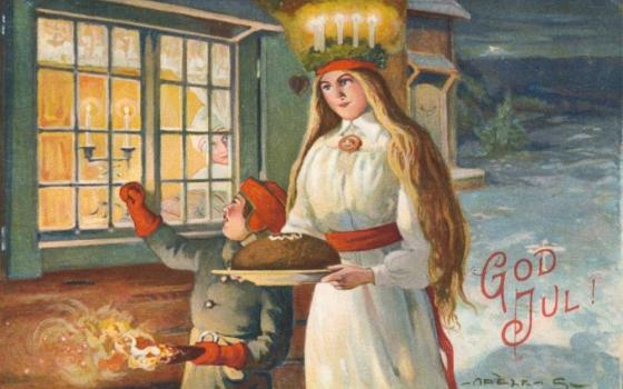 post card image of St. Lucy, with crown of candles and carrying a plate with pastry