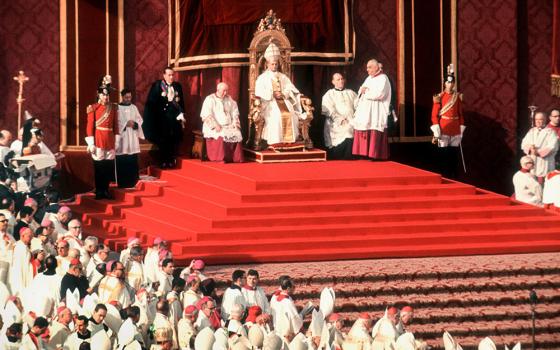 Pope Paul VI sits in the "cathedra" or bishop's chair during the Second Vatican Council in July 1965 in St. Peter's Square at the Vatican. (OSV News/KNA/Ernst Herb)