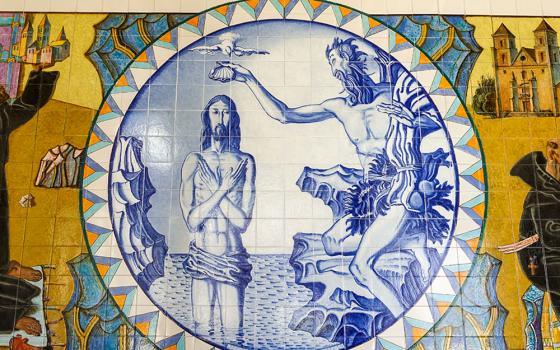 The baptism of Jesus is depicted in azulejos at the Santuário de São Bento da Porta Aberta in Rio Caldo, Portugal. (Wikimedia Commons/Jose Goncalves)