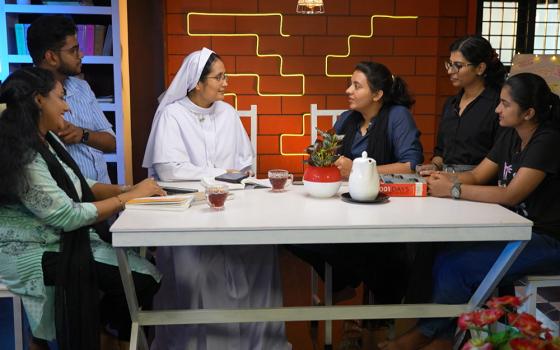 Sr. Christy Babu Cherpanath of the Missionary Sisters of Mary Immaculate with young people during the shooting of the Youth Cafe program produced and aired by Shalom Television in Kerala, southwestern India. (Courtesy of Shalom TV)