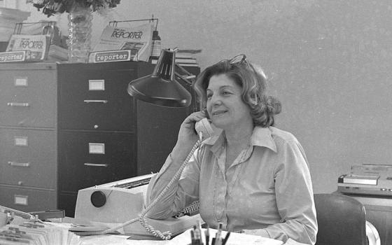 Jean Blake is pictured in a 1977 photo at the National Catholic Reporter offices in Kansas City, Missouri. (NCR photo/Bill Kenkelen)