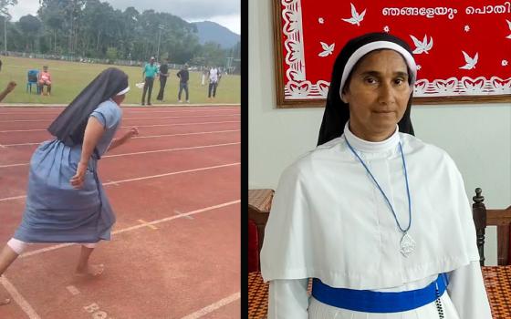 Left: Adoration of the Blessed Sacrament Sr. Sabina Joseph begins her winning race in the hurdles event during the State Masters Athletics Championship held Oct. 24, 2025, at Maravayal Stadium in Wayanad, Kerala (GSR screenshot/Courtesy of Sabina Joseph). Right: Joseph in the refectory of the Mary Matha Provincial House, Mananthavady, Wayanad, Kerala, southwestern India (George Kommattam).