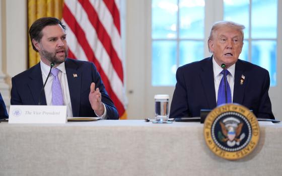 Vice President JD Vance speaks as President Donald Trump listens during a meeting in the East Room of the White House Jan. 9 in Washington. (AP/Evan Vucci)