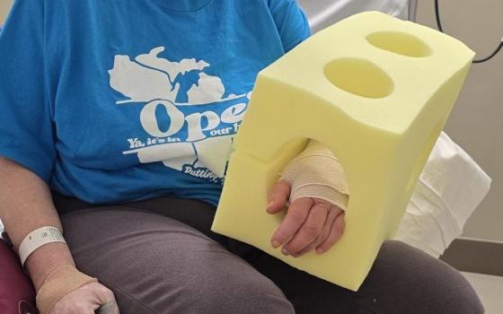 Sr. Jane Marie Bradish sits after receiving a splint was placed on her wrist after a fall on All Saints' Day, Nov. 1, 2025. (Courtesy of Jane Marie Bradish) 