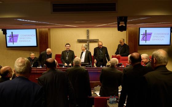 The Spanish bishops conclude their special plenary assembly July 9, 2024. Archbishop Luis Argüello of Valladolid, president of the Spanish bishops' conference, is pictured in the center, with Cardinal José Cobo Cano of Madrid (at left) and Cardinal Juan José Omella of Barcelona (at right). (OSV News/Courtesy of Spanish bishops' conference)