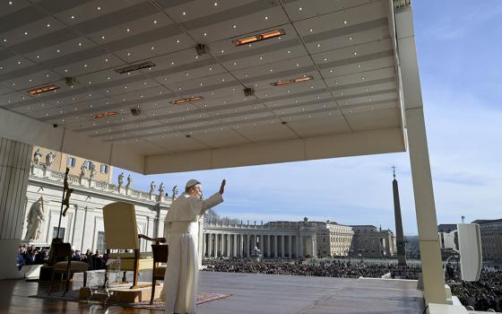 Pope Leo XIV waves to the crowd before leading his general audience in St. Peter's Square at the Vatican Feb. 18, 2026. (CNS/Vatican Media)