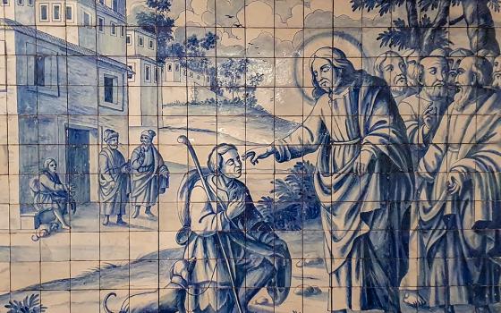 Jesus heals a blind man, depicted in 18th-century azulejos at the National Museum of the Azulejo in Lisbon, Portugal. (Wikimedia Commons/Yair Haklai)
