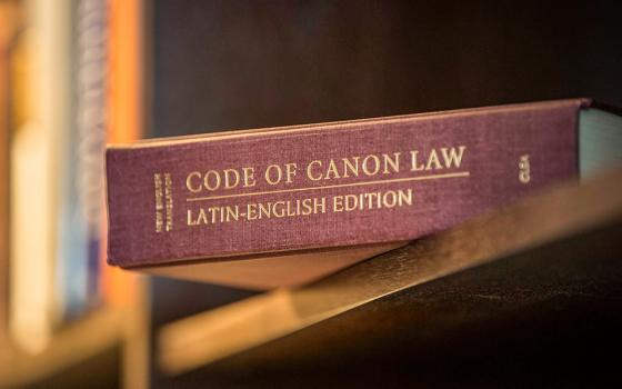 A Latin-English edition of the Code of Canon Law is pictured on a bookshelf. (CNS/Nancy Phelan Wiechec)