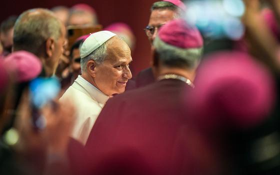 Pope Leo XIV greets bishops from around the world after offering a reflection during the Jubilee of Bishops in St. Peter's Basilica at the Vatican June 25, 2025. (CNS/Lola Gomez)