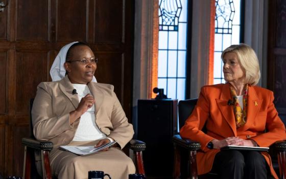 Little Sisters of St. Francis Sr. Jane Wakahiu (left) speaks as NBC News correspondent Anne Thompson  listens at the "Catholic Women's Leadership to Advance the Common Good" panel at Georgetown University March 9. (Georgetown University/Lisa Helfert)