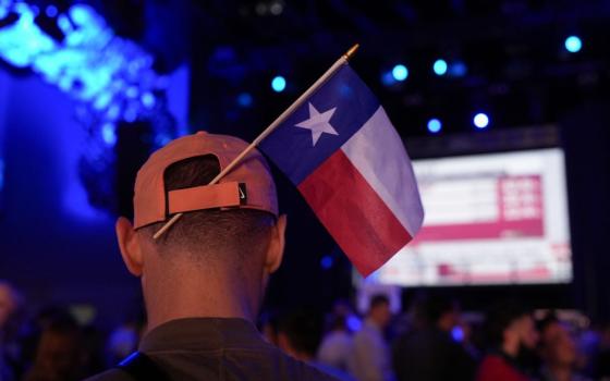 A supporter of Texas state Rep. James Talarico, a Democratic candidate for the U.S. Senate, wears a Texas state flag in their hat during a primary election watch party March 3 in Austin, Texas. Talarico won the Democratic nomination. (AP/Eric Gay)