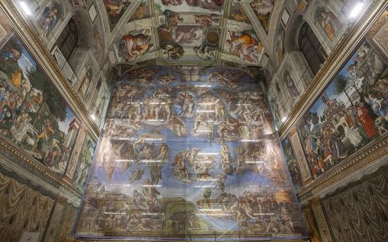 Scaffolding covers Michelangelo's "The Last Judgment" during extraordinary maintenance work undertaken by the Vatican Museums. (Courtesy of the Governorate of Vatican City State)