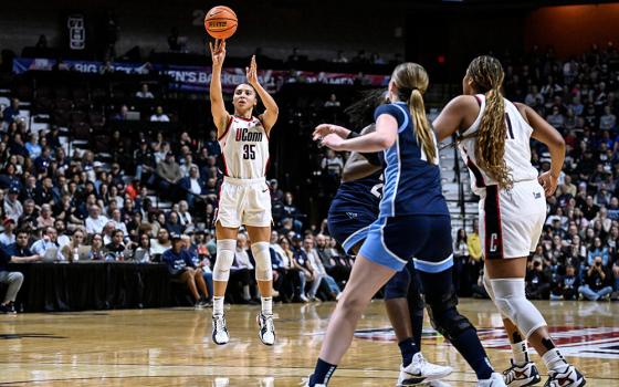 UConn guard Azzi Fudd shoots during the first half of an NCAA college basketball game against Villanova in the finals of the Big East tournament March 9, 2026, in Uncasville, Conn. (AP/Jessica Hill)