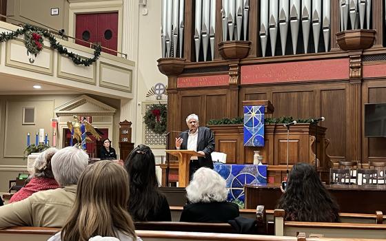 Jonathan Kuttab, a Palestinian Christian and human rights lawyer, speaks at a ceasefire service at New York Avenue Presbyterian Church in Washington, D.C., on Dec. 11, 2023. (NCR photo/Aleja Hertzler-McCain)