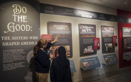 Visitors view "Do the Good: The Sisters Who Shaped America" at the National Shrine of St. Elizabeth Ann Seton on opening day, March 19. (Courtesy of the National Shrine of St. Elizabeth Ann Seton)