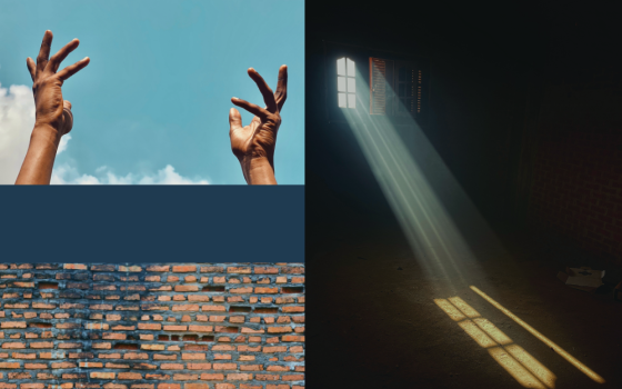 Collage with hands reaching to the sky, light shining through a window, and a brick wall (GSR graphic/Olivia Bardo)