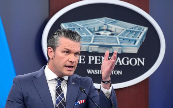 Defense Secretary Pete Hegseth speaks to members of the media during a press briefing at the Pentagon in Washington, March 19, 2026. (AP Photo/Manuel Balce Ceneta)