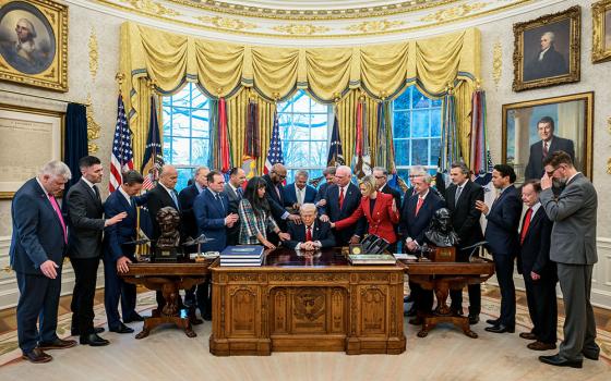 President Donald Trump meets with members of the White House Faith Office in the Oval Office in Washington, D.C., March 5, 2026. (Wikimedia Commons/Official White House Photo/Molly Riley)