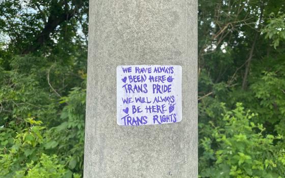 A sticker posted on a pole in an outdoor setting reads "We have always been here, Trans pride, we will always be here, trans rights." (Unsplash/charliewarl)