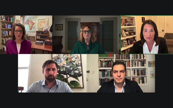 Panelists participate in an April 13 dialogue hosted by the Georgetown University Initiative on Catholic Social Thought and Public Life. From left, top row, are Mary Ellen O’Connell; Elisabetta Piqué; and Kim Daniels; from left, bottom row, are Phil Klay and Sohrab Ahmari. (Courtesy of Georgetown University)