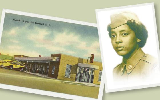 Right: Private First Class Sarah Keys in uniform in the 1950s (Wikimedia Commons/U.S. Army). Left: A postcard of the bus terminal in Roanoke Rapids, N.C., where Keys refused to give up her seat to a white Marine on an interstate bus. (Wikimedia Commons/State Archives of North Carolina).