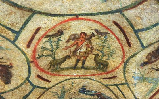 The third-century Good Shepherd fresco is seen in the Catacomb of Priscilla in Rome. (Newscom/ABACA/Vandeville Eric)
