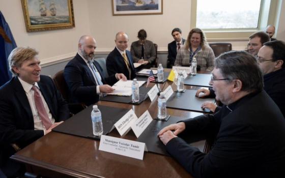 Under Secretary of War for Policy Elbridge Colby, left, meets with Cardinal Christophe Pierre, right, the outgoing apostolic nuncio, and their teams on Jan. 22, 2026, at the Pentagon. 