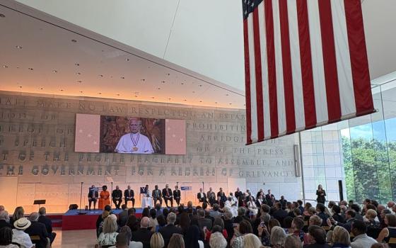 Pope Leo XIV appears via livestream from the Vatican during the Liberty Medal ceremony from the National Constitution Center in Philadelphia July 3, 2026. About people attended, including civic leaders, religious representatives from more than 30 faith traditions, Catholic leaders and many of the pope's longtime Augustinian friends. (NCR photo/Camillo Barone)