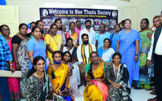 Salvatorian Srs. Amitha Polimetla (standing, fourth from right) and Sudha Rani Sankili with members of the Nee Thodu Society at their Sustainable Livelihood Centre in Visakhapatnam, Andhra Pradesh, southeastern India. (Courtesy of Amitha Polimetla)