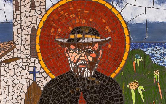 Damien de Veuster, a Belgian missionary priest famed for his work with leprosy patients in Hawaii, is depicted in a mosaic by Karen Lucas at Immaculate Conception Church in Lihue, Hawaii. (CNS/Courtesy of the Diocese of Honolulu)