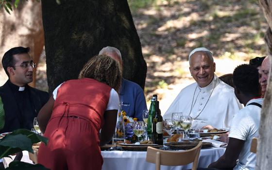 Pope Leo XIV has lunch with vulnerable people from the Diocese of Rome at Borgo Laudato Si, in the pontifical gardens of Castel Gandolfo, Italy, July 11, 2026. (OSV News/Reuters/Matteo Minnella)