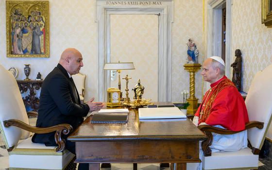 Pope Leo XIV speaks with Lebanese President Joseph Aoun during a private meeting at the Vatican Aug. 20, 2026. (OSV News/Vatican Media/Simone Risoluti)
