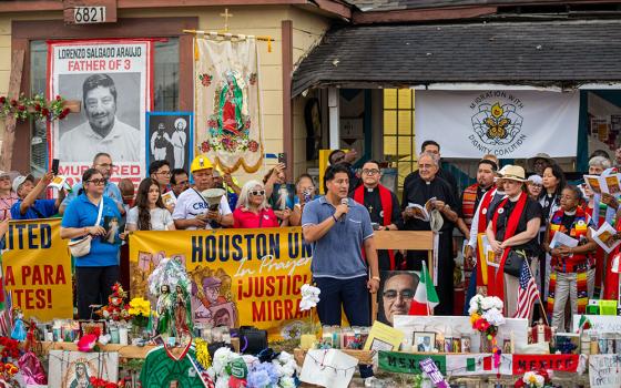 Ronaldo Salgado Araujo, 29, son of Lorenzo Salgado Araujo, who died following an encounter with federal immigration agents in Houston's Magnolia Park neighborhood on July 7, 2026, speaks during a July 25 prayer vigil procession in Magnolia Park. (OSV News/Texas Catholic Herald/James Ramos)