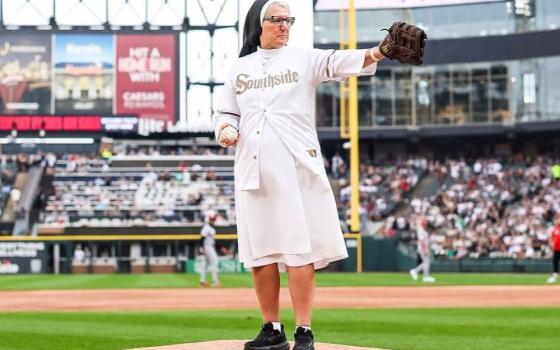 Sr. Mary Jo Sobieck, in an image shared on social media by the Chicago White Sox, takes aim before throwing the ceremonial first pitch at the White Sox game Aug. 11. (Courtesy of the Chicago White Sox)