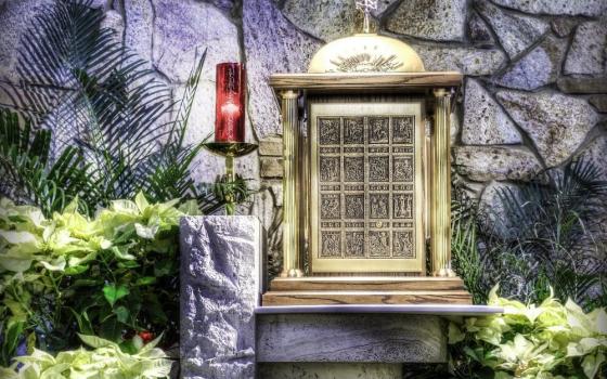 A sanctuary lamp burns beside a tabernacle in this undated photo, indicating that Christ is present in the consecrated hosts within. (OSV News/Pixabay/Vincent Ciro)