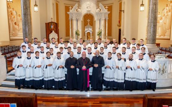 Bishop Carl  Kemme of Wichita is pictured with seminarians and Fr.Garett Burns (at his left), and Fr. Chad Arnold in an undated photo. Kemme has announced his plan to formally establish a new seminary in the Wichita Diocese on Aug. 26, 2026. (OSV News/Courtesy Diocese of Wichita)
