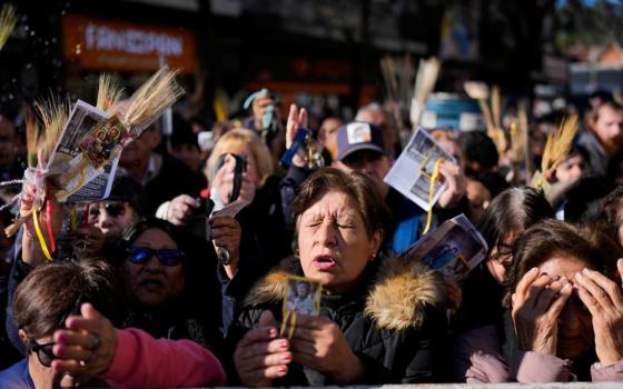 Pilgrims attend an outdoor Mass outside the Church of San Cayetano during the annual pilgrimage honoring St. Cajetan, the patron saint of work, in Buenos Aires, Argentina, Aug. 7, 2026. (AP/Natacha Pisarenko)