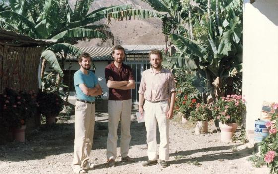 Conventual Franciscan Frs. Jaroslaw Wysoczanski, left, Michal Tomaszek and Zbigniew Strzalkowski pose  at their mission in Peru in an undated photo. The three Polish friars served remote communities in the Andes after arriving in Peru in 1988. Tomaszek and Strzalkowski were killed by Shining Path guerrillas Aug. 9, 1991, and were beatified as martyrs in 2015. (OSV News/Courtesy Jaroslaw Wysoczanski)