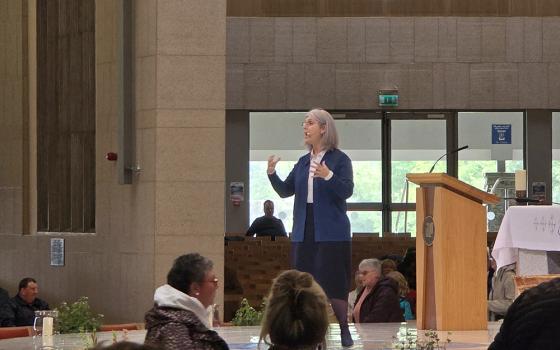 Sr Ângela de Fátima Coelho da Rocha addresses pilgrims at the All Ireland Rosary Rally 2026 and told them about Fatima's call to promote peace in the world through praying the rosary and the First Saturday devotion. (Sarah Mac Donald)