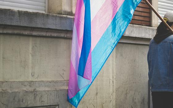 A person holds a pink, blue and white-striped flag in support of people who are transgender, standing outside near the wall of a building. (Unsplash/ev)