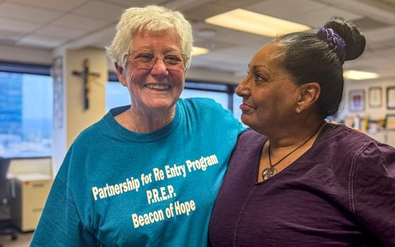 Dominican Sr. Mary Sean Hodges talks with Sylvia Trevino at the offices of the Partnership for Re-Entry Program June 8, 2026, in Los Angeles. (GSR photo/Rhina Guidos)