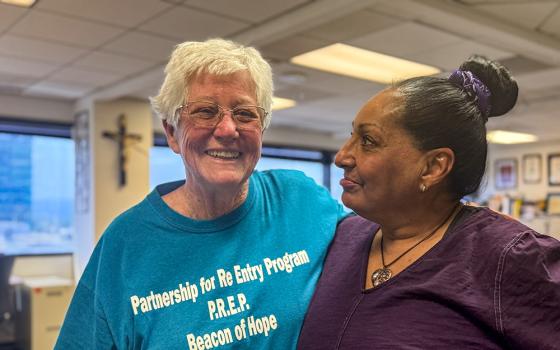 Dominican Sr. Mary Sean Hodges talks with Sylvia Trevino at the offices of the Partnership for Re-Entry Program June 8, 2026, in Los Angeles. (GSR photo/Rhina Guidos)