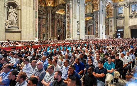 Seminarians and those involved in priestly formation from around the world attend a reflection led by Pope Leo XIV in St. Peter's Basilica at the Vatican June 24, 2025, as part of the Jubilee of Seminarians. (CNS/Lola Gomez)