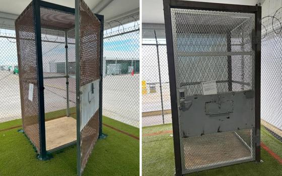 A small metal enclosure, with 18 square feet of floor space and used in a monitored "calming area," is seen Jan. 21, 2026, during an unannounced inspection of ICE's now-closed immigration detention center Florida Soft-Sided Facility by the Department of Homeland Security Office of Inspector General. (OSV News/DHS OIG, handout via Reuters)