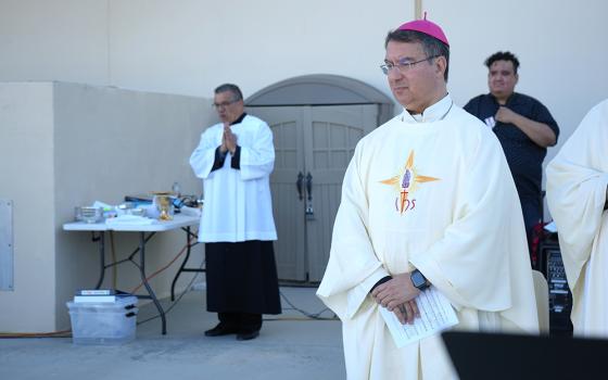 Bishop Oscar Cantú of San Jose, Calif., concelebrates Mass on the grounds of the ICE Processing Center near Adelanto, Calif., Dec. 10, 2025. (OSV News/courtesy California Catholic Conference)
