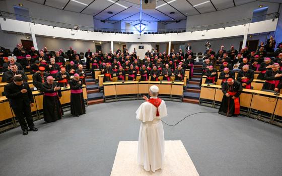 Pope Leo XIV meets with members of the French bishops' conference in the Sainte-Bernadette auditorium at the Shrine of Our Lady of Lourdes in Lourdes, France, Sept. 27, 2026. (CNS/Vatican Media)