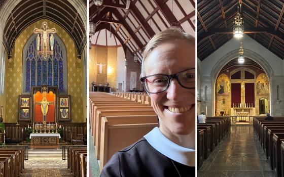 A few of Sr. Kathryn Press's home churches: From left, St. Cecilia Church in Cincinnati, Ohio; Mount Sacred Heart Chapel in Hamden, Connecticut; and St. Jude Parish in Pittsburgh, Pennsylvania. (Photos courtesy of Sr. Kathryn Press)