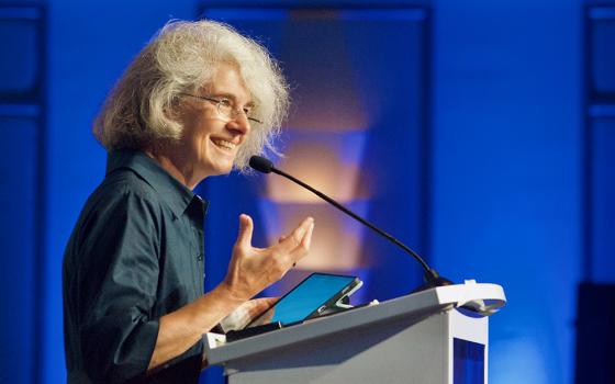 Xavière Missionary Sr. Nathalie Becquart, undersecretary of the Synod of Bishops at the Vatican, speaks Aug. 12 in Orlando, Florida, to the Leadership Conference of Women Religious' annual assembly. (GSR/Dan Stockman)
