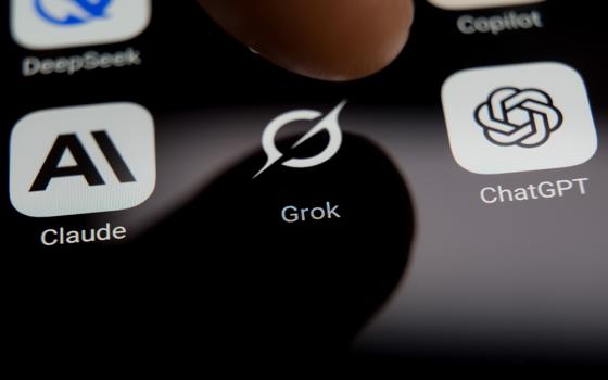 In a photo illustration, a user is about to select an AI chatbot from a smartphone screen, with DeepSeek, Grok, Claude and ChatGPT application icons displayed. (Dreamstime/Rokas Tenys)
